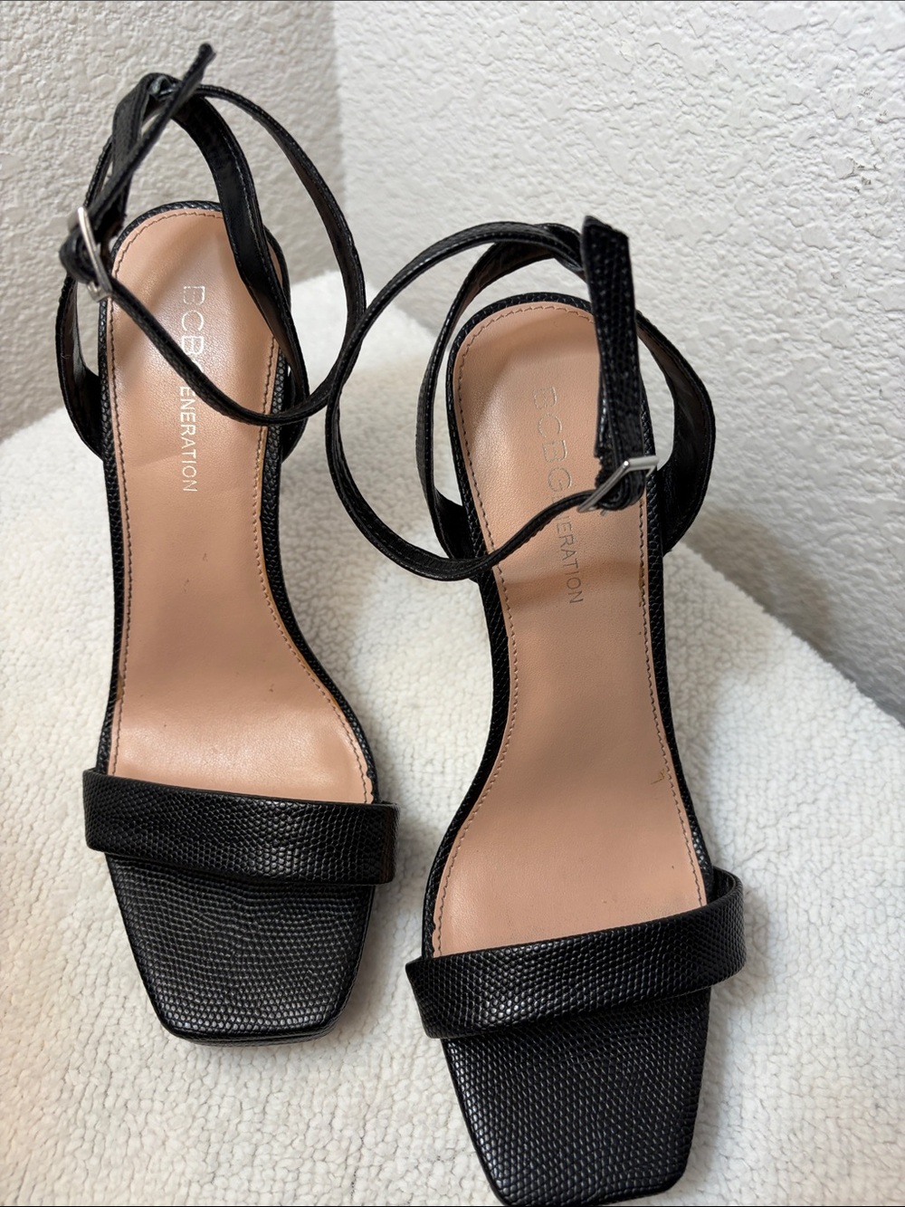 BCBGeneration Black Textured Square-Toe Ankle Strap Heels